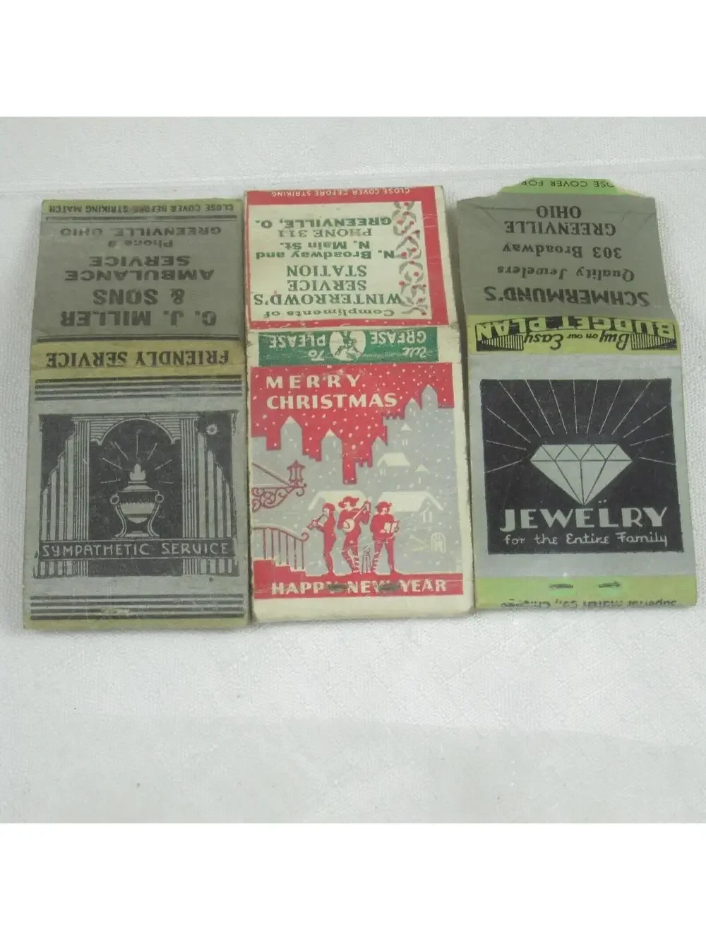 3 Vintage Matchbook Covers Greenville Ohio Jewelers, Services Station, Ambulance